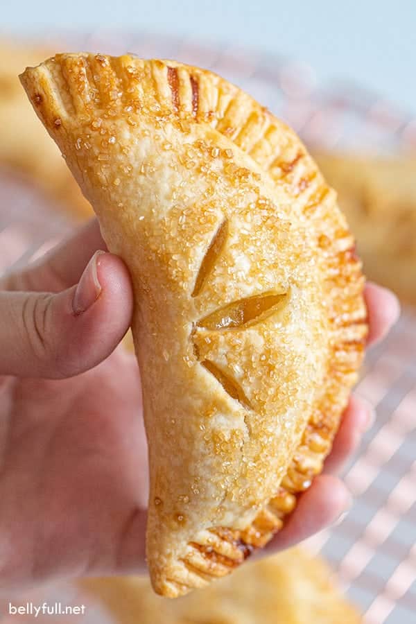 A hand holding a golden-brown, crescent-shaped empanada with decorative slits on top. The crust appears flaky with a sprinkle of sugar. A cooling rack with more empanadas is visible in the background.