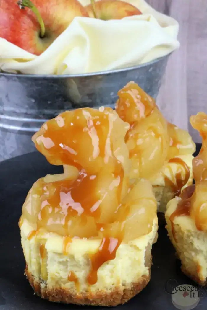 Mini caramel apple cheesecakes topped with caramelized apple slices and drizzled with caramel sauce. A metal bowl with apples and a cloth is in the background.