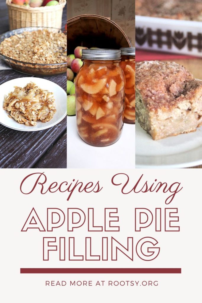 Three photos lined up next to each other on top of a text overlay box. The photos are a bowl of apple crisp, a jar of apple pie filling, a slice of apple pie cake. The text overlay reads: recipes using apple pie filling.