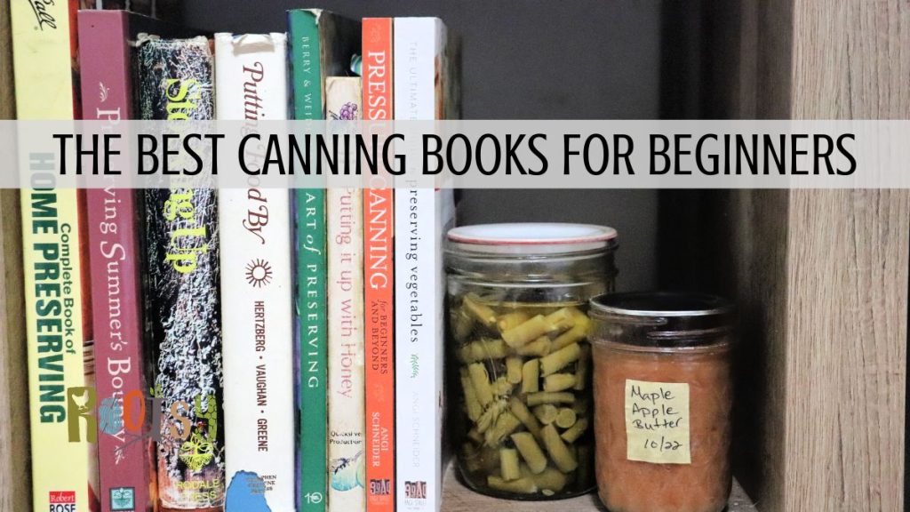 Books about canning on a shelf with a jar of canned green beans and a jar of maple apple butter. Text overlay reads: The best canning books for beginners.
