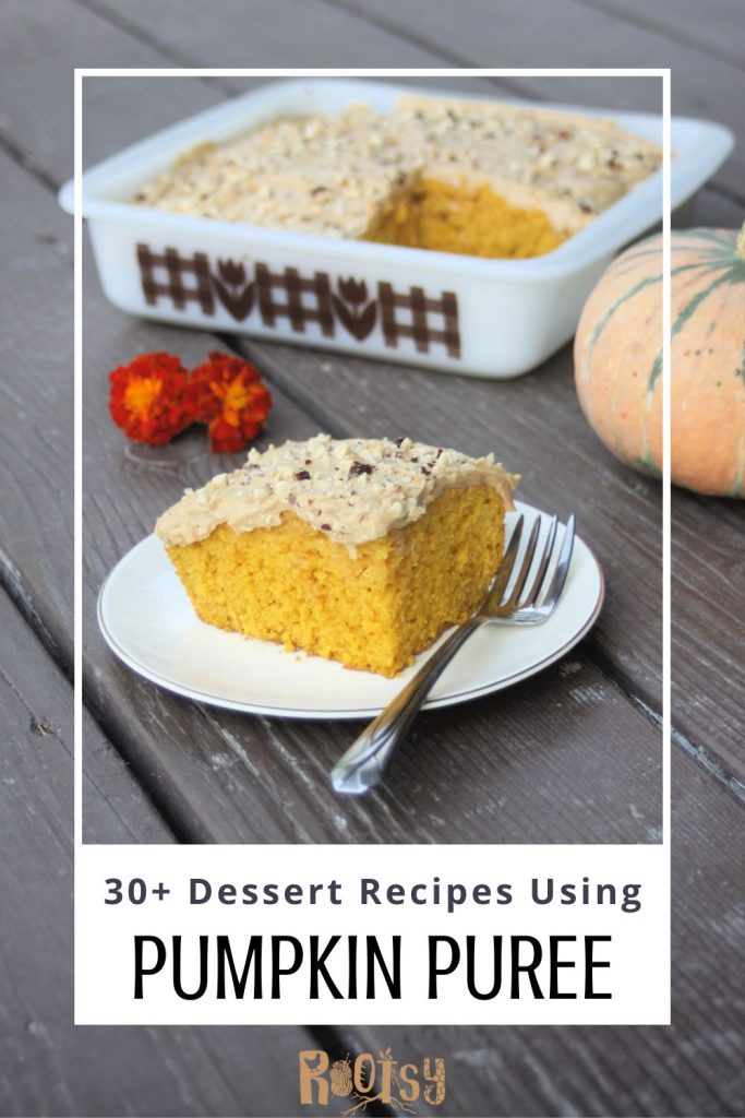 A slice of pumpkin cake on a plate with flowers in the background. A text overlay reads: 30+ Dessert recipes using pumpkin puree. 