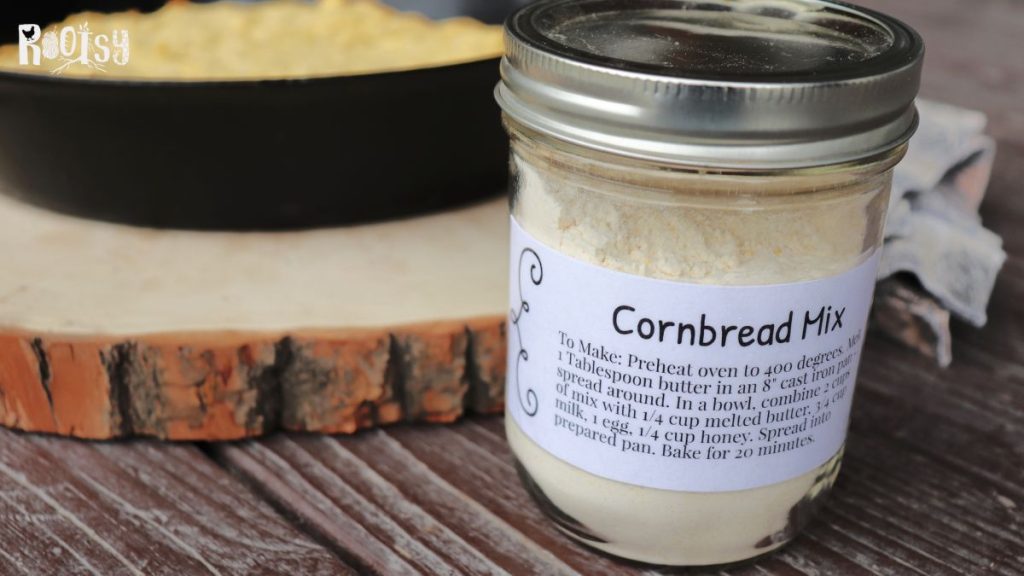 A canning jar labeled cornbread mix sits in front of a board with skillet full of baked cornbread.