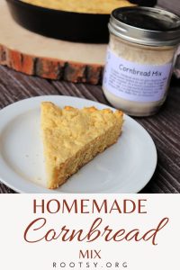 A slice of cornbread sits on a plate with a jar of cornbread mix behind it. Text overlay reads: Homemade Cornbread Mix