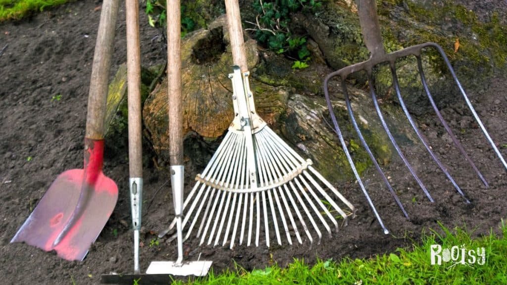 Garden tools leaning against a tree stump include a red shovel, a hoe, a metal rake, and a pitchfork on a patch of soil and grass. The word "Rootsy" is visible in the bottom right corner.
