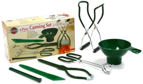 A 6-piece canning set includes a green funnel, jar lifter, tongs, magnetic lid lifter, bubble remover, wrench, and box packaging displaying all items and their uses for home canning.