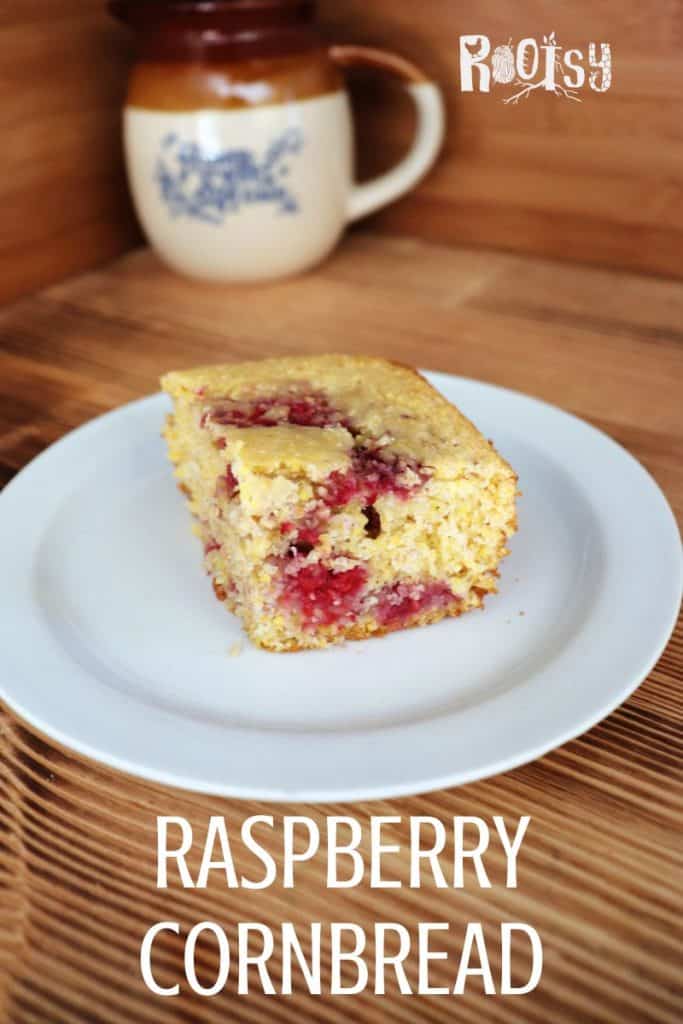 A slice of raspberry cornbread sits on a white plate, placed on a wooden surface. A ceramic mug with a blue design is in the background. Text reads "Raspberry Cornbread" and "Rootsy" in the top corner.