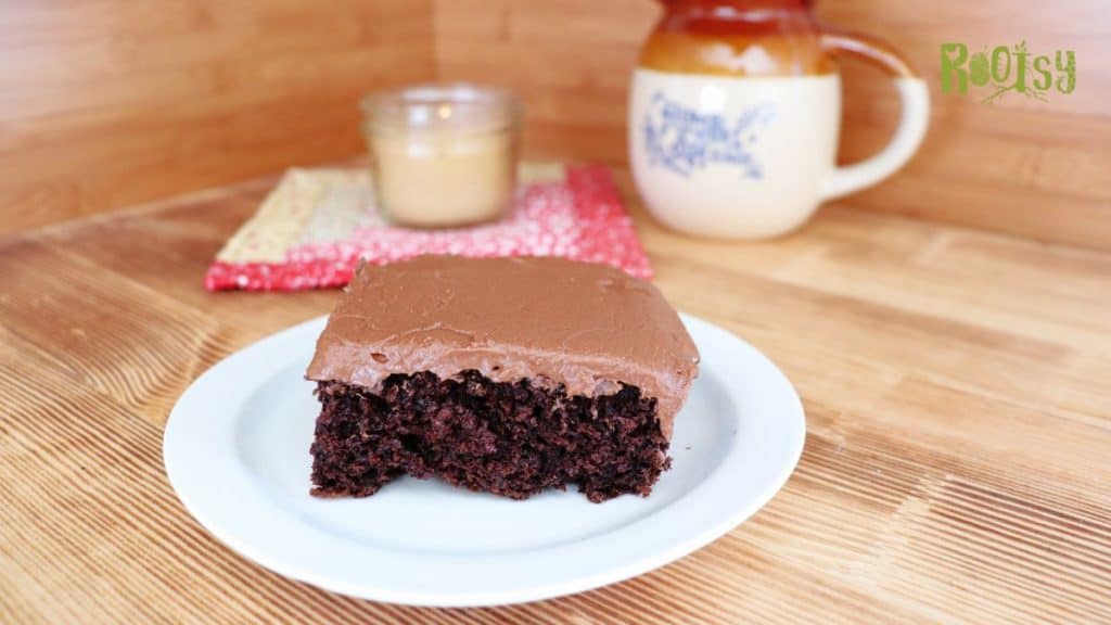 A square piece of chocolate cake with chocolate frosting sits on a white plate. In the background, there is a mug, a small jar, and a napkin, all on a wooden surface with the word "Rootsy" in the corner.